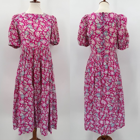 Vintage 90s Laura Ashley Floral Midi Puff Sleeve Dress Cottagecore US 10 FLAWS - Picture 1 of 6